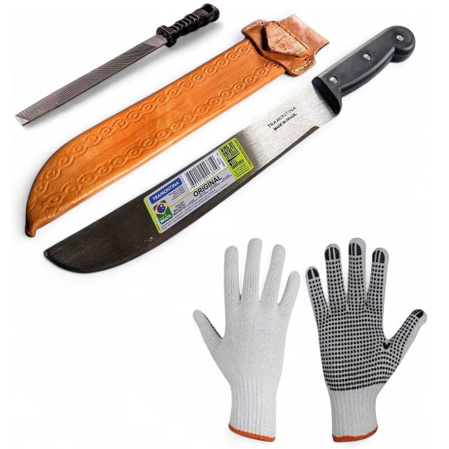 Facão Tramontina 12" polegadas para mato galho cana jardinagem + bainha couro + lima + luvas