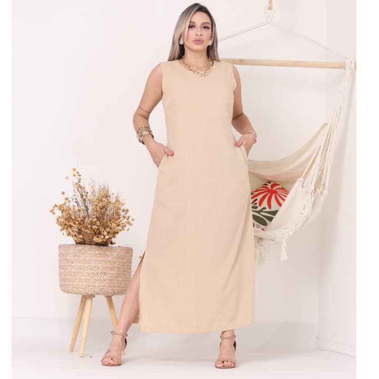 VESTIDO LINHO PLUS SIZE MIDI BOLSO FACA ALÇA LARGA FENDAS LATERAIS EVANGELICO CASUAL
