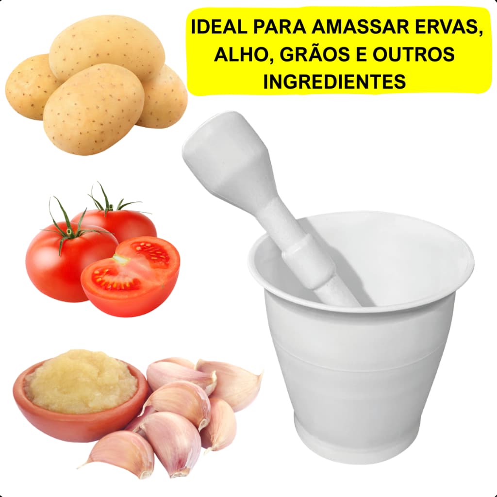 Pilão com Socador Plástico Branco Reforçado Amassador Esmagador Alho Compacto