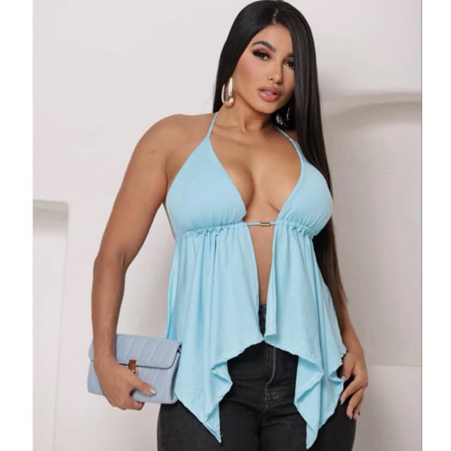 Top Cropped Alcinha Feminino Frente Única com Babado Costa Nua Bata Tendência Boho Chic Cortininha Blusa Amarração