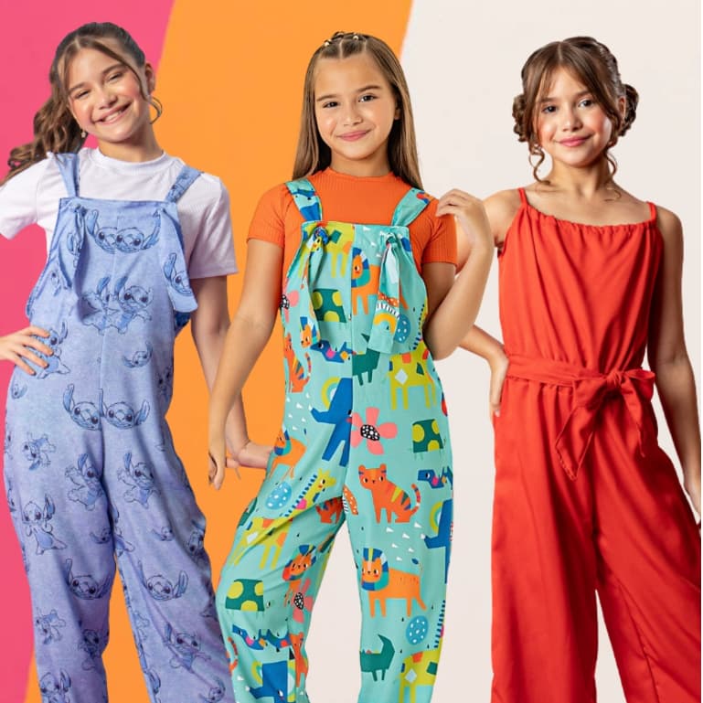 MACACÃO LONGO INFANTIL MENINA COM BLUSINHA CROPPED ELEGANTE ESTAMPADO STITCH DIVERTIDAMENTE