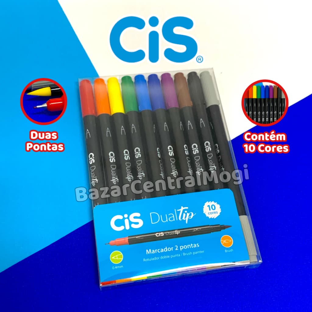 Marcador Brush DualTip Cis 2 Pontas Estojo com 10 Cores Pincel