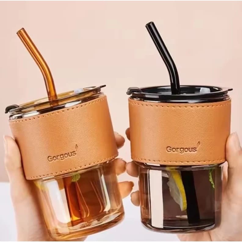 Copo de Vidro 450ml com Canudo Tampa e Capa Couro Luxo
