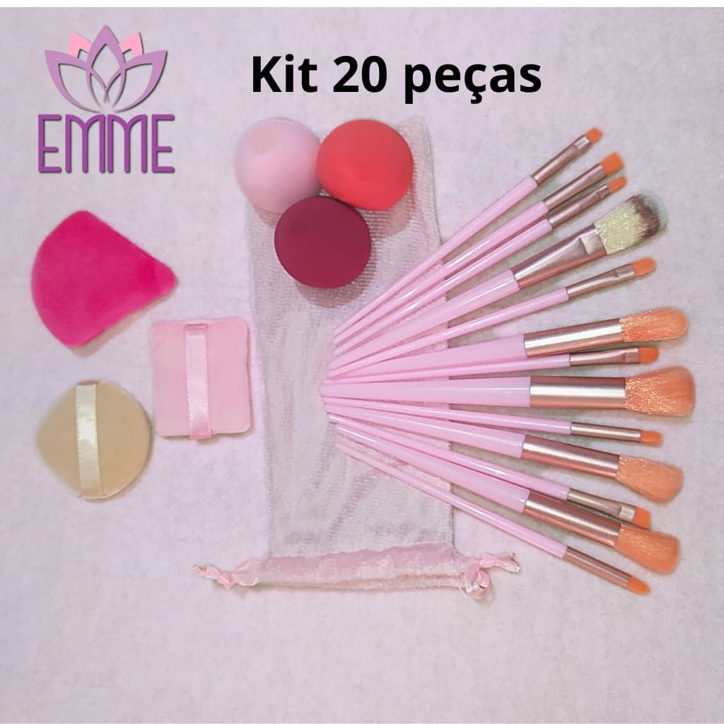 Kit Completo com Pincel de Maquiagem e Esponjas 19 peças +1 bolsa tecido dos pencéis