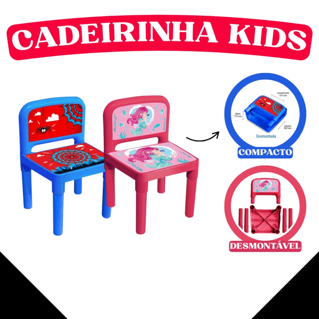 Banquinho DESMONTÁVEL Infantil com Encosto – Tema Aranha Azul - Sereia Rosa - TOY 25827/25828