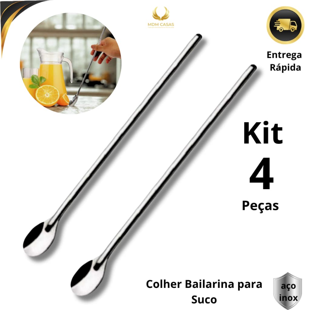 Colher Bailarina para Sucos e Drinks Colher Longa Multiuso Aço Inox 30,5 cm Grande