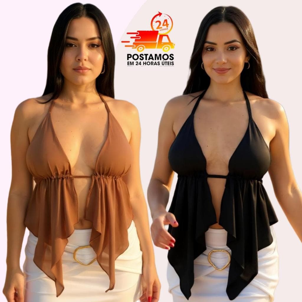 Cropped Blusinha Cortininha Tendência com Bojo Estilo Boho Chic em Suplex