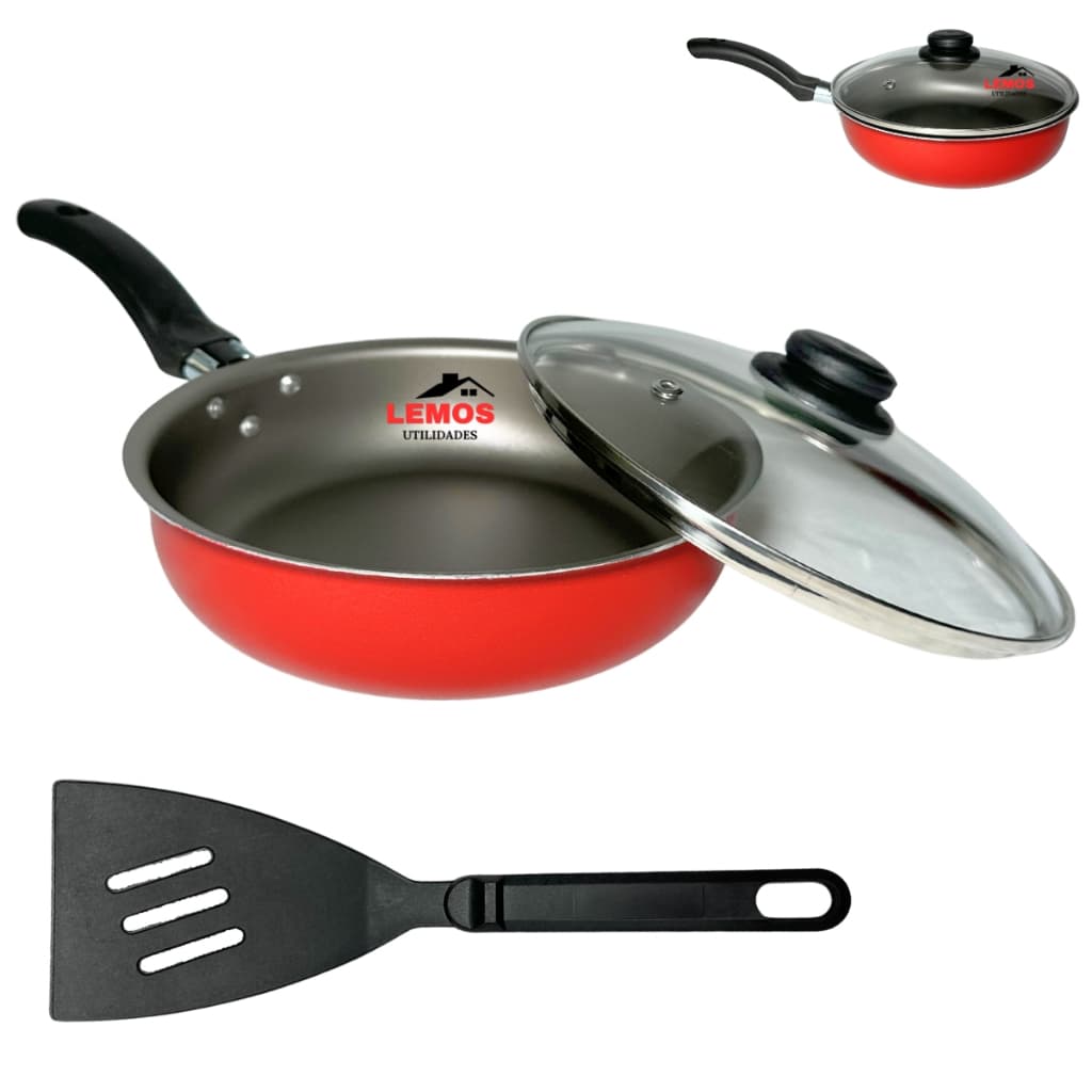 Frigideira Antiaderente N18 Tampa de Vidro 18cm Teflon Cereja com Dourado + Espátula