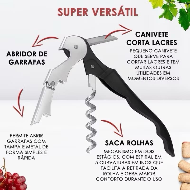 Abridor de Vinhos Saca Rolhas Aço Inox Garrafa Lata 3 em 1 Resistente