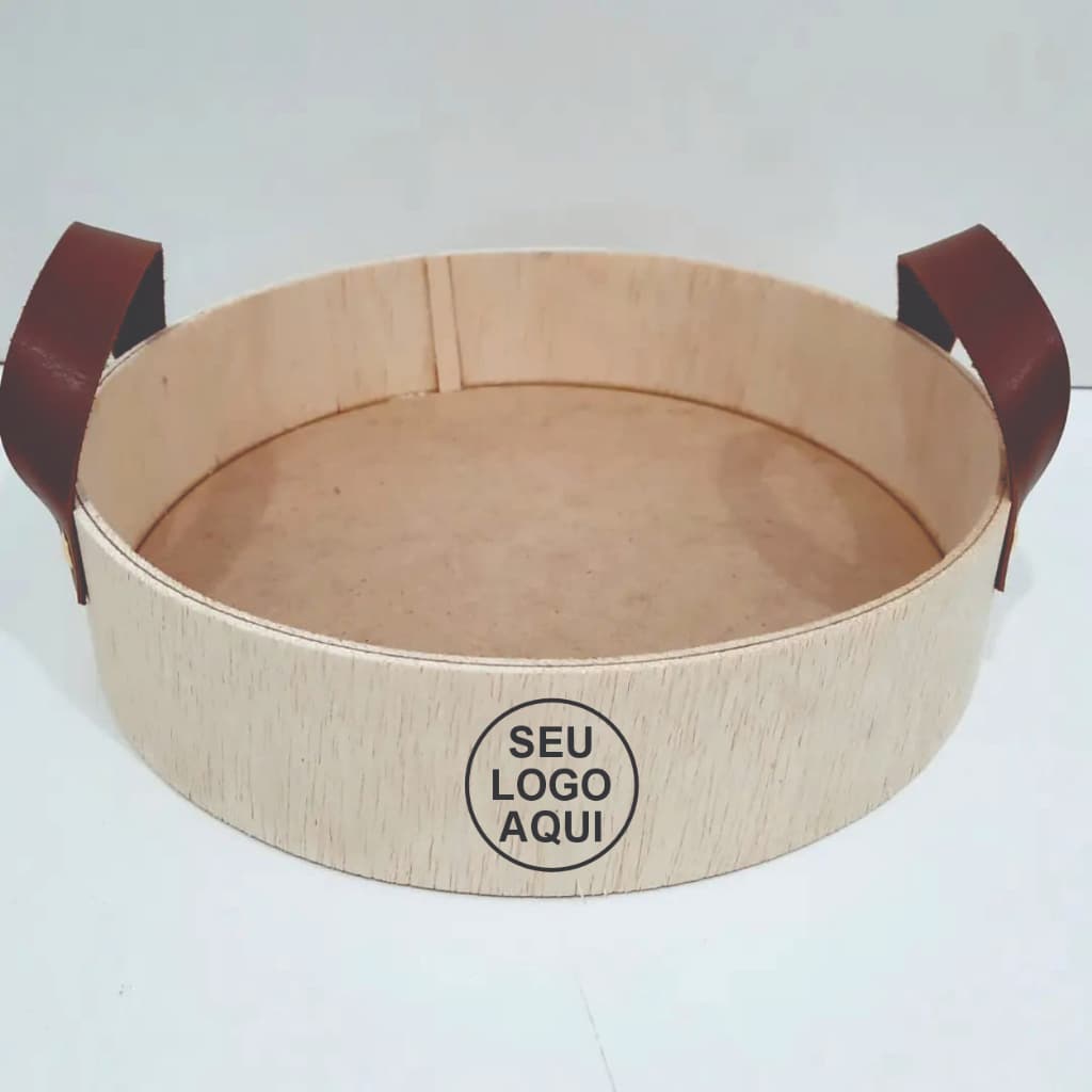 KIT 5un Platter Lisboa redonda + GRAVAÇÃO da logo - Em compensado e Alça em couro 5cm altura