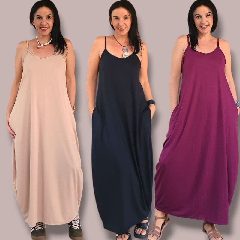Vestido Longo Alças Com Bolsos Oversized Balonê - Amplo e Confortável/Di a Dia e Passeio