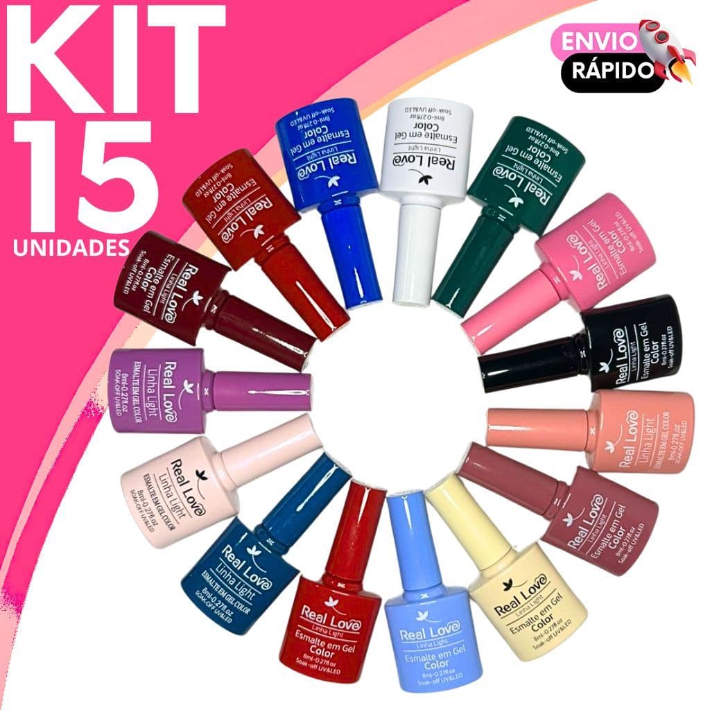 Kit Esmalte em Gel Real Love Linha Light Color Secagem Rápida LED/UV Alta Durabilidade - 8ml
