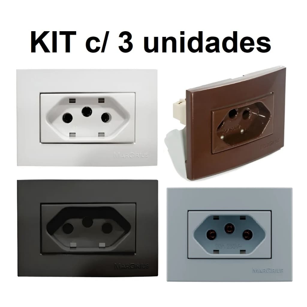 3X Tomada de Embutir Margirius 10a 2P+T Branca/Marrom/Preta
