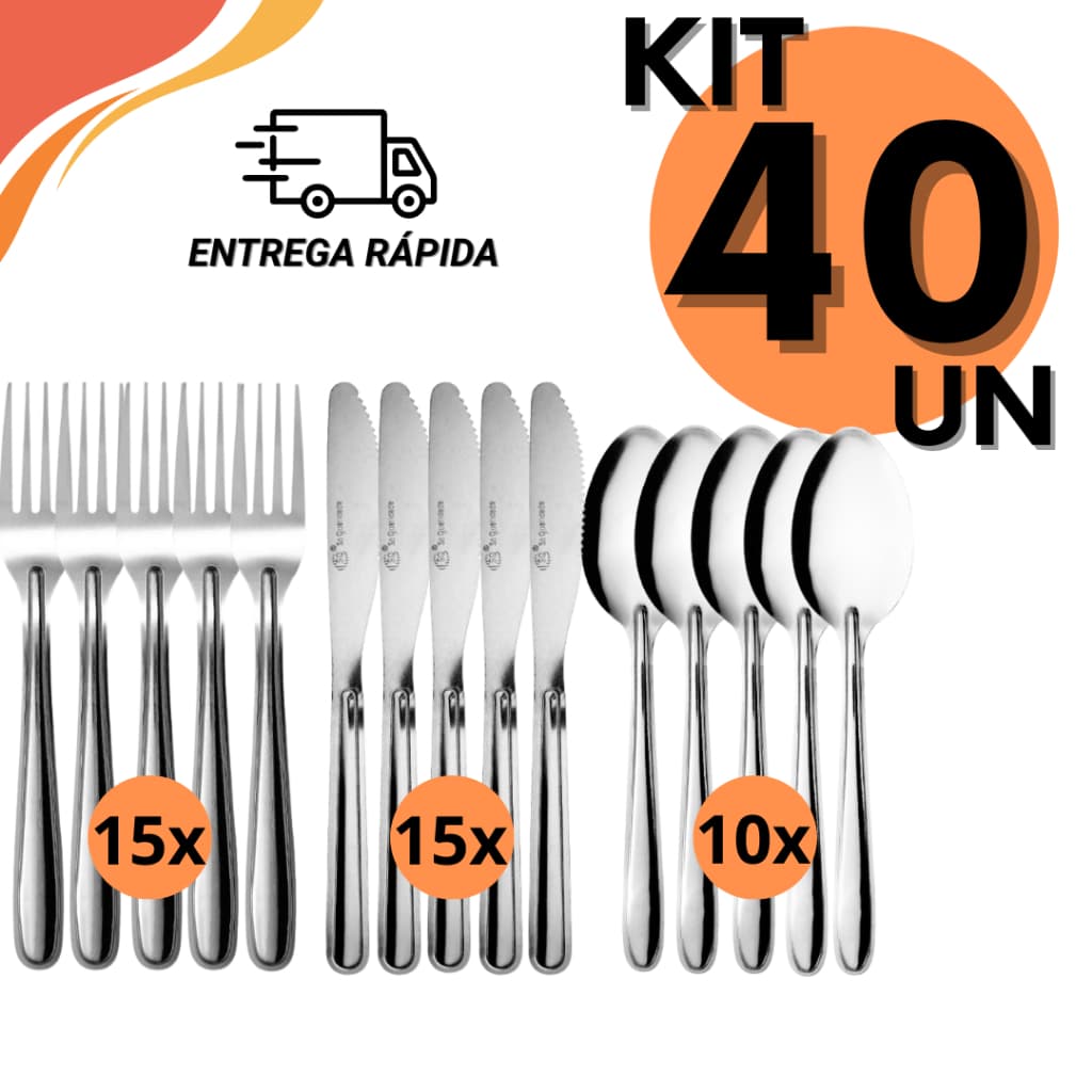 Kit 40 Unidades De Talheres De Inox Garfos Facas Colheres De Sopa Para Cozinha Eventos Restaurantes