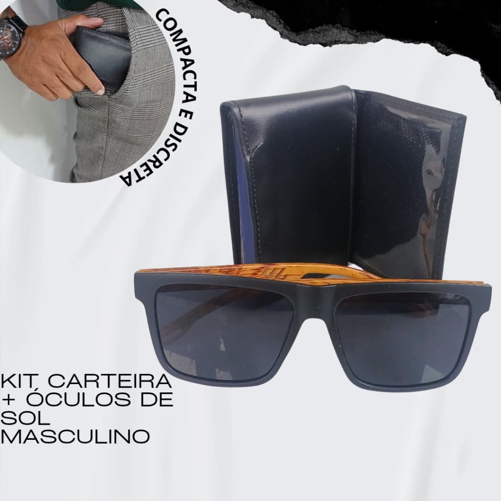 KIT Carteira Masculina + Óculos de sol Masculino Carteira Pequena Slim Preta CARTEIRA SINTÉTICA