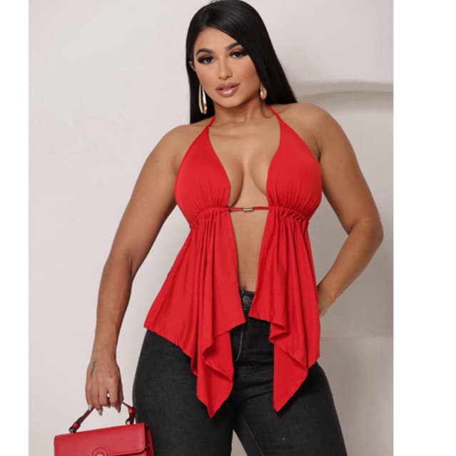 Top Cropped Alcinha Feminino Frente Única com Babado Costa Nua Bata Tendência Boho Chic Cortininha Amarração