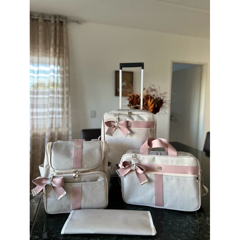 kit de bolas de maternidade mala, bolsa de ombro, mochila trocador em linho bege com faixa  rose .