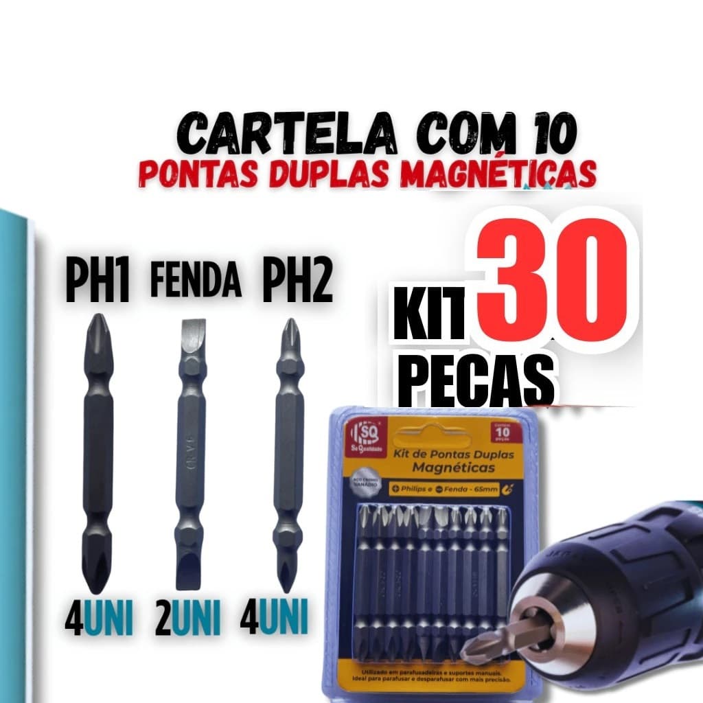 3 Jogos de Ponteira Parafusadeira Com 10 Bit Ponta Dupla Magnético
