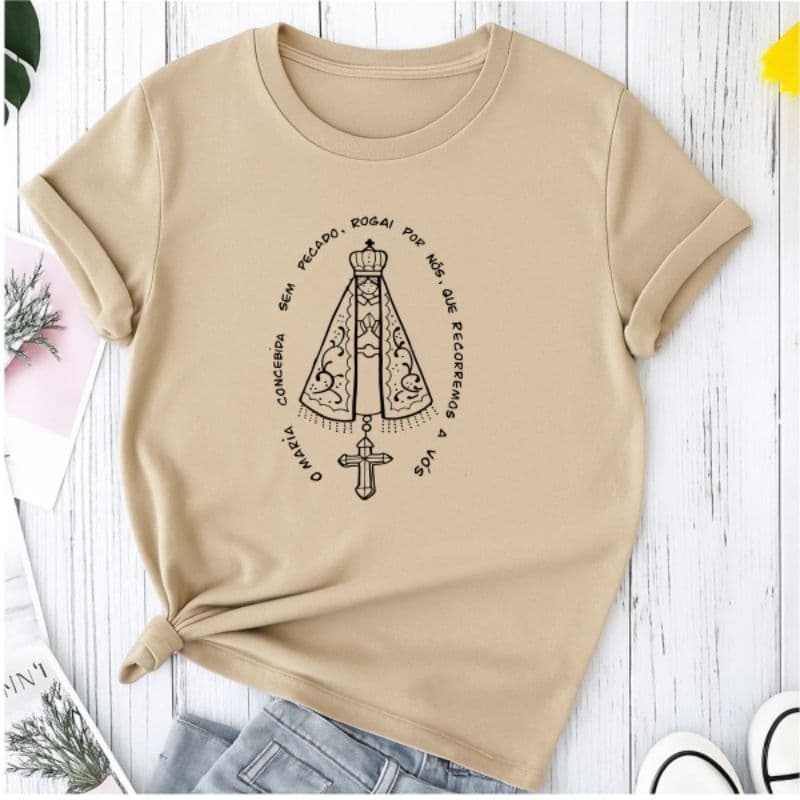 Camiseta Camisa Feminina Nossa Senhora Algodão Católico Religião Blusa Várias Cores