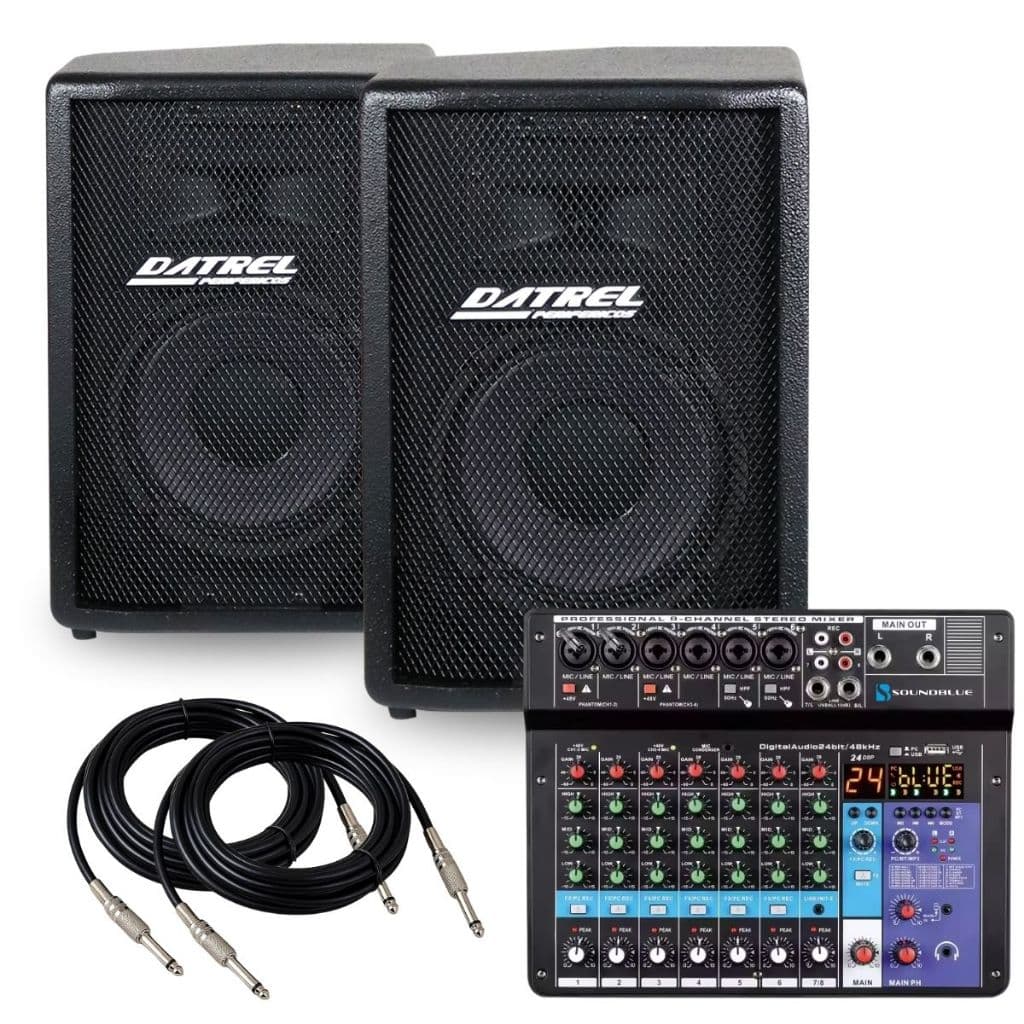 Kit 2 Caixas Som 300w Ativa Passiva Acustica Profissional + Console Mesa 8 Canais Audio Bluetooth Usb Midi Combo Efeitos
