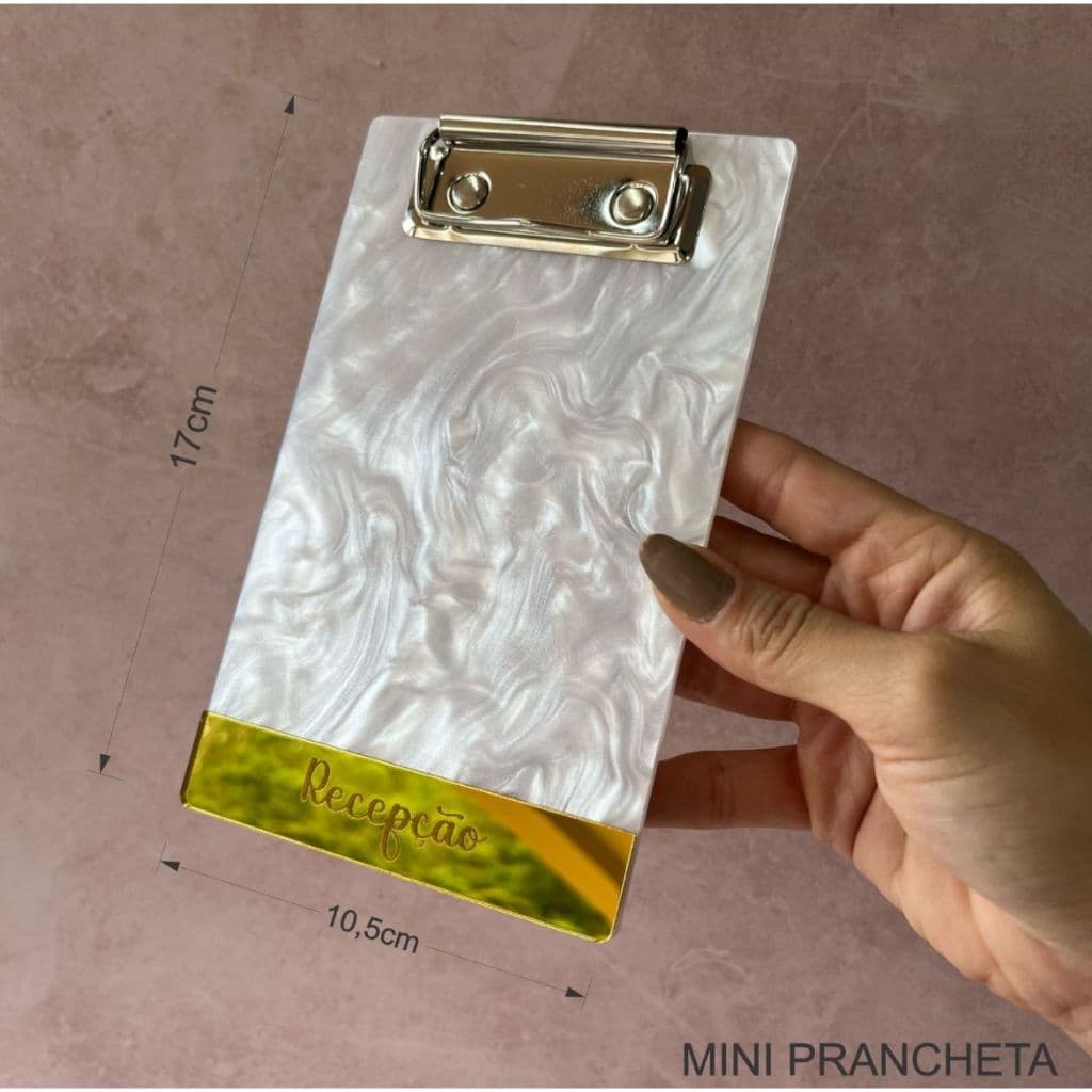 KIT 20 UNIDADES MINI PRANCHETA 10x15CM PERSONALIZADA EM ACRÍLICO MADREPÉROLA COM ESPELHADO PAPELARIA