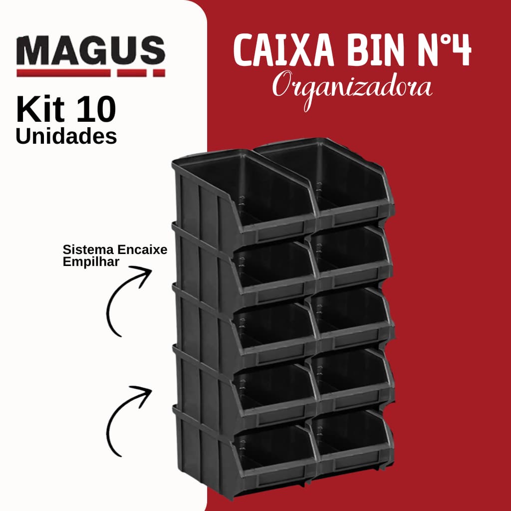 Kit Caixas Gavetas Bin 10 Unidades Preta Empilháveis Organizadores Gaveteiros Resistentes Magus Nº04