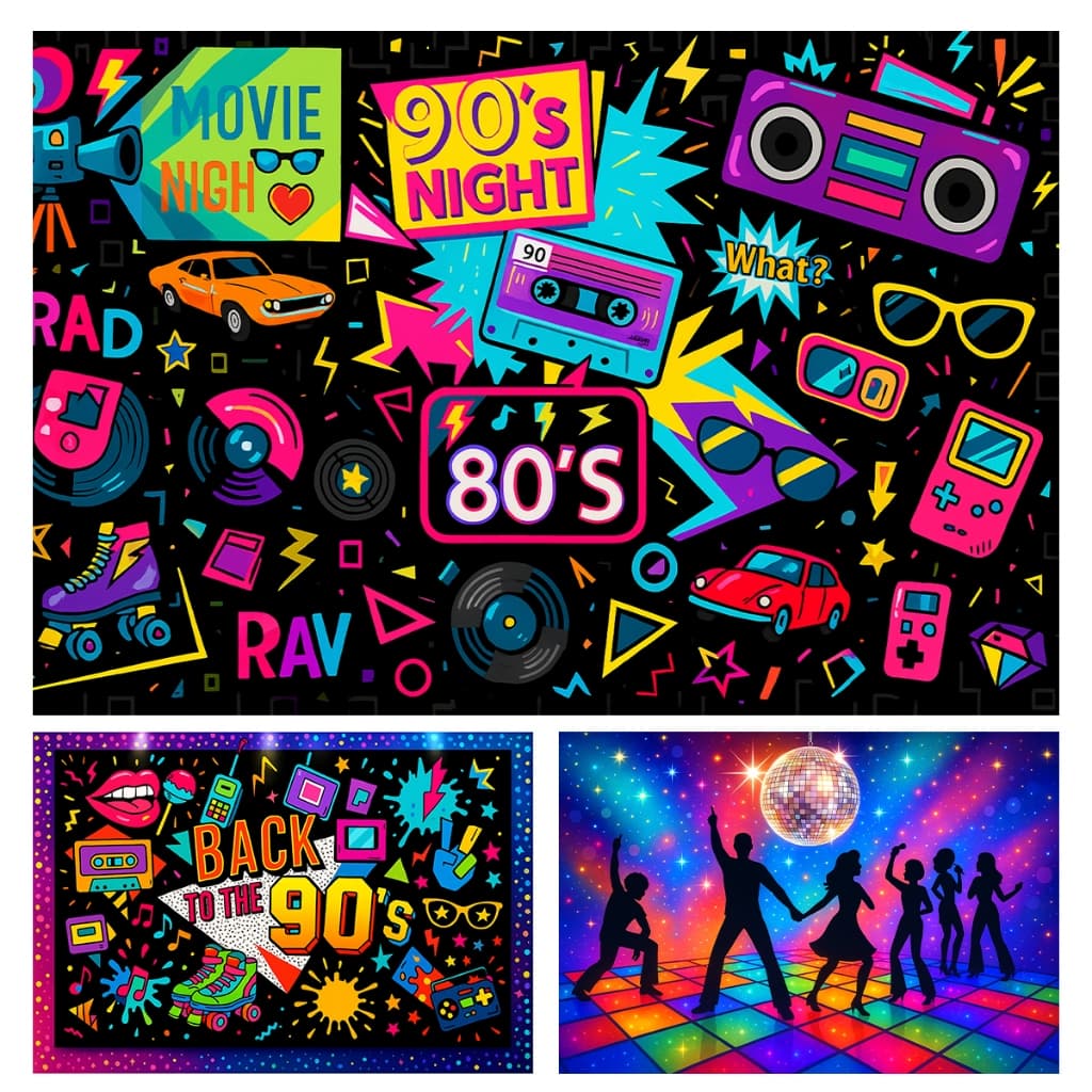Painel de Festa Retangular Flashback Anos 80 90 Em Tecido 1,5 x 2,2 Mt