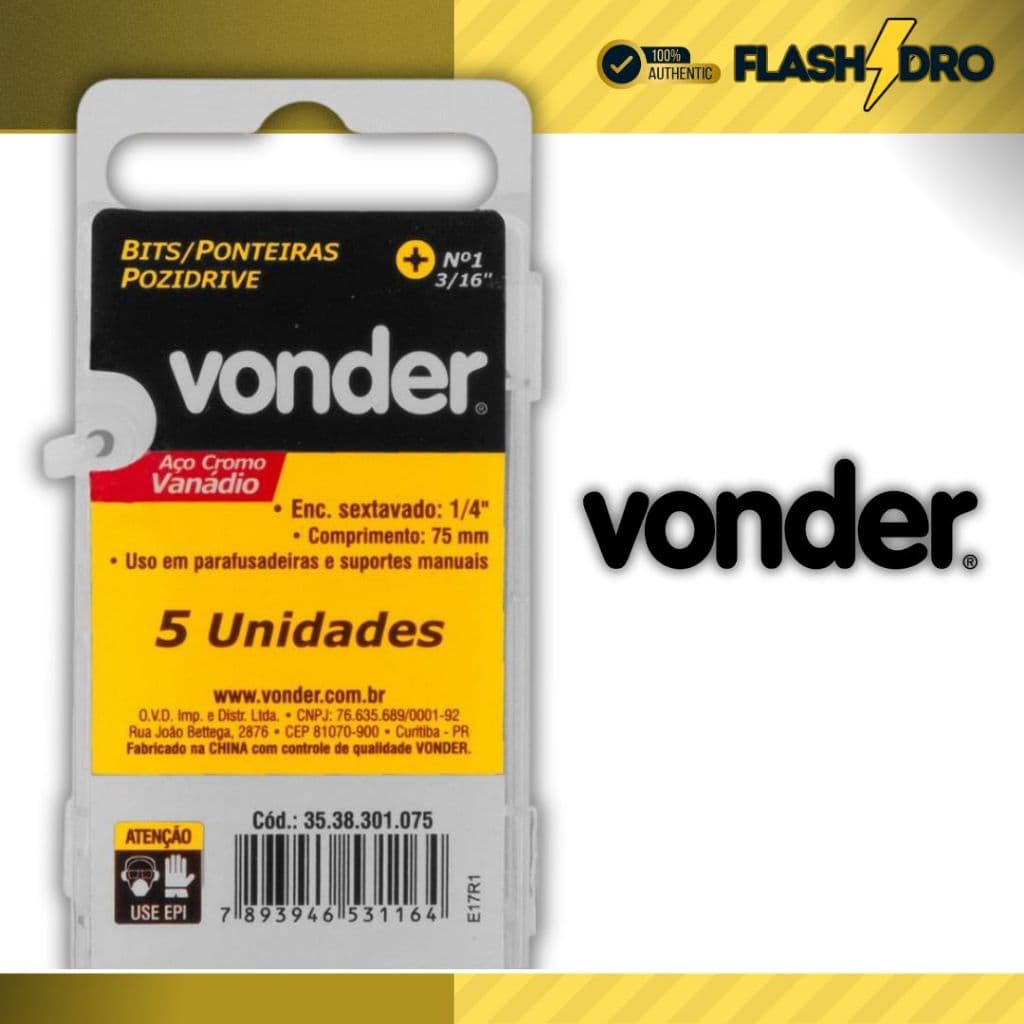 Jogo de bits ponteira pozidrive, com encaixe 1/4", nº 1 x 75 mm, VONDER