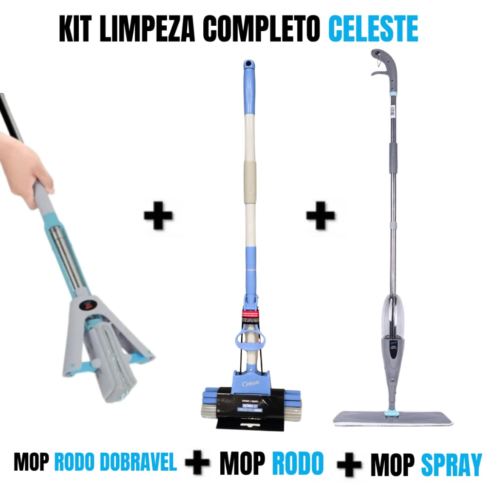 Faxina 3 em 1: Mop Spray + Mop Rodo Fácil e Mop Dobrável Celeste Escolha seu Kit