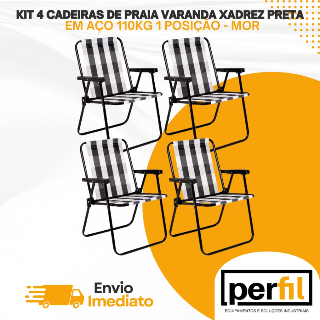 KIT 4 CADEIRAS DE PRAIA VARANDA XADREZ PRETA EM AÇO 110KG 1 POSIÇÃO MOR