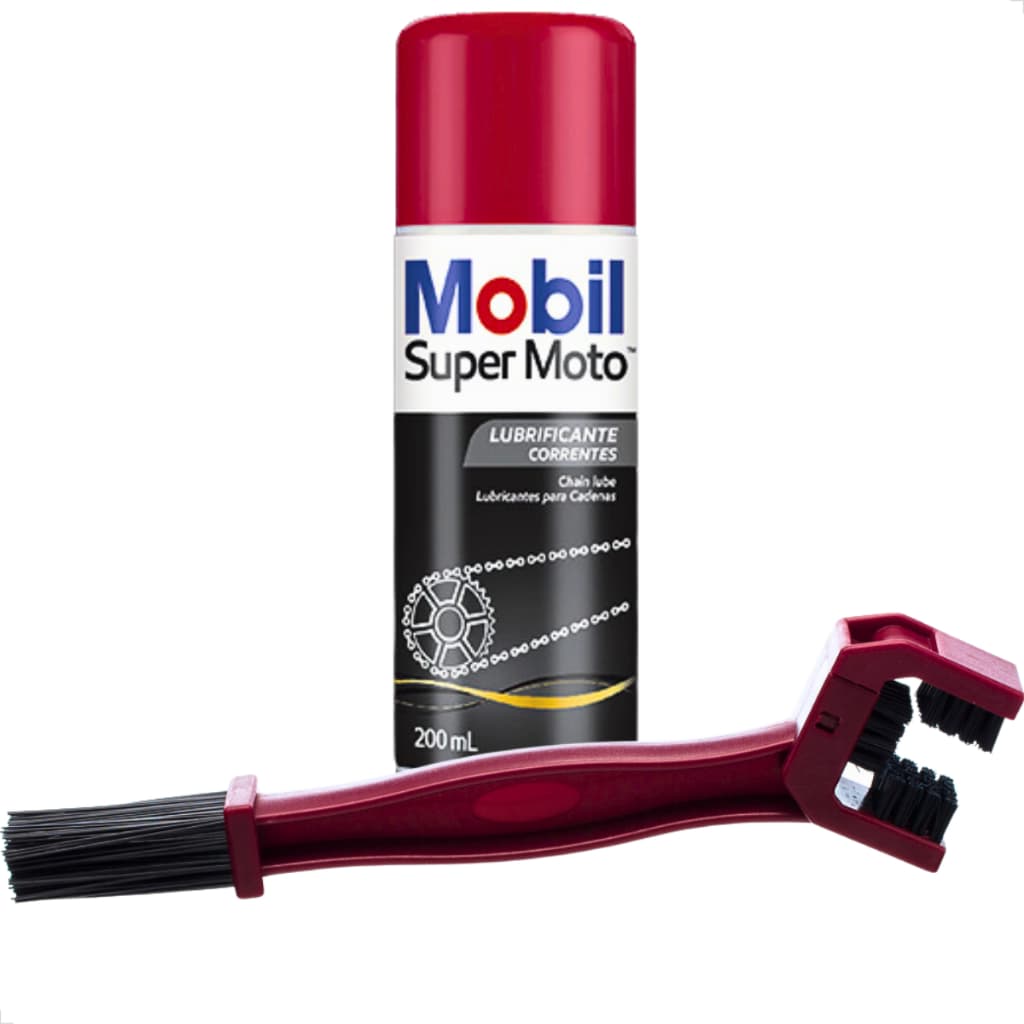 Kit Limpeza + Lubrificação Mobil Super Moto Chain Lube Spray 200 ml com Escova Lubrificar Corrente