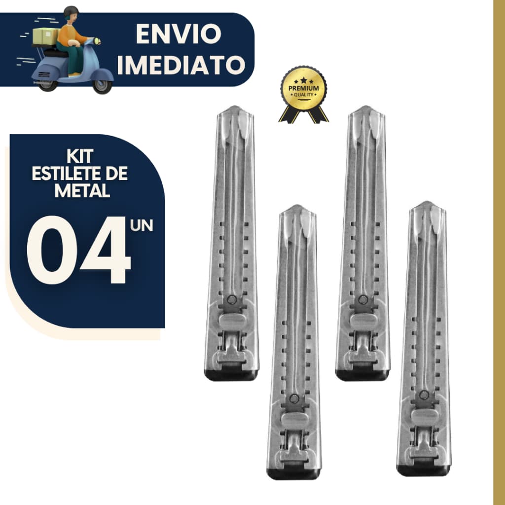 Kit 4 unidades Estilete Metal cm Trava Segurança Resistente Escritório Artesanato Corte Preciso