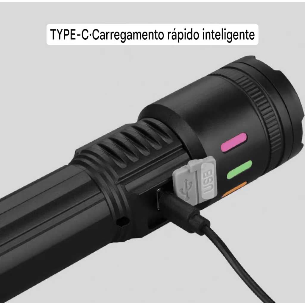 Lanterna Led Brilhante com pilha de 18650 lítio Recarregável.