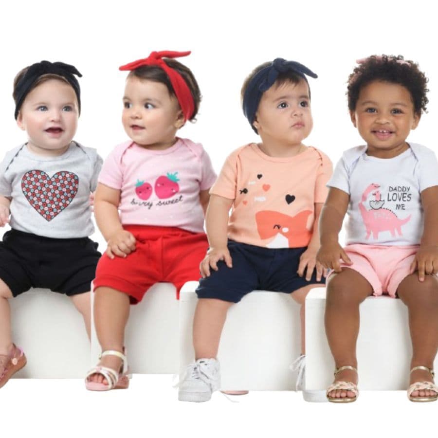 Kit Body Bebê Menina Bordado - 3 Peças - Conjunto 1 Body Manga Curta + 1 short bordado + 1 laço de cabelo -100% Algodão