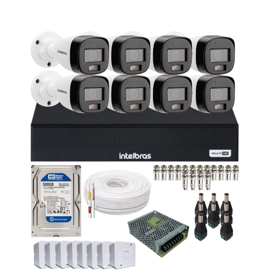 Kit 8 Cameras Intelbras Vhd 3220fc+ Full Color Audio, Dvr 8ch C/hd 500gb