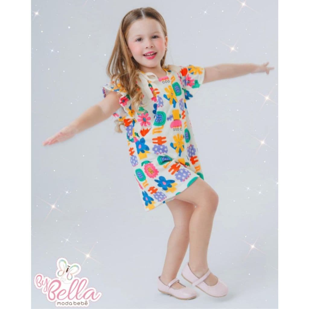 MACACÃO INFANTIL EM MALHA CANELADA ESTAMPA COLORIDA BEBÊ MENINA BIG E BLUSA
