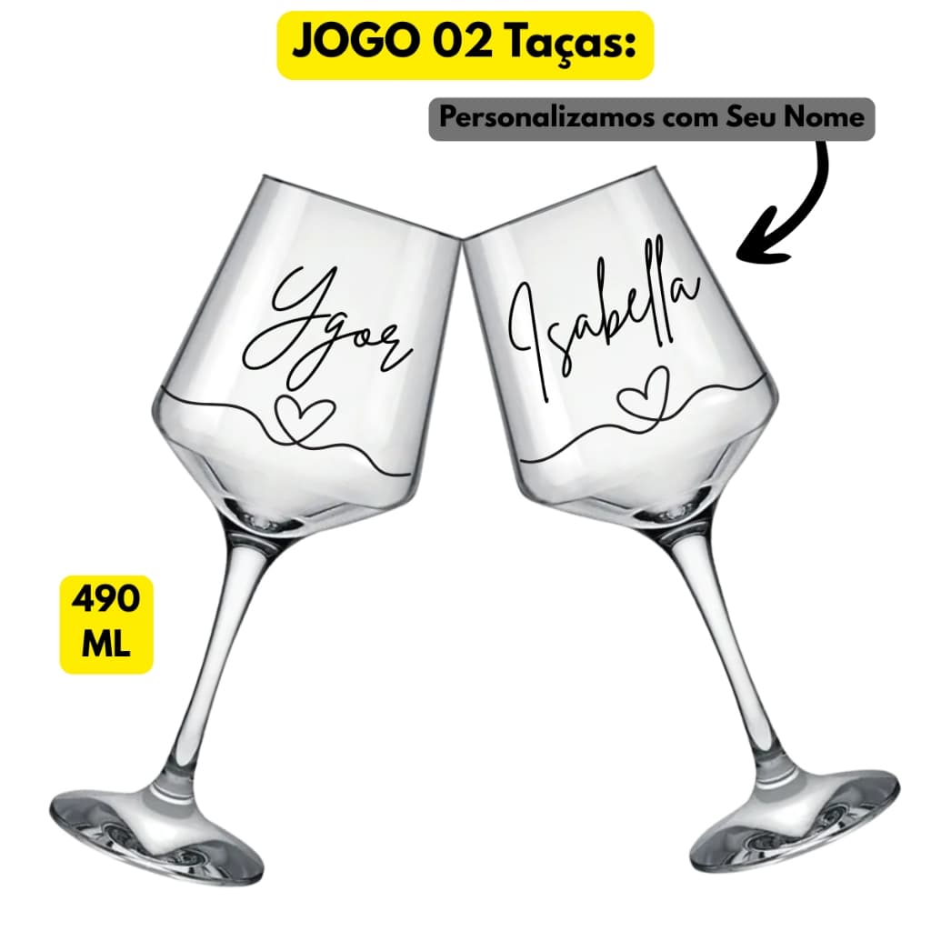 Jogo Kit 02 Taças Casal Vinho Vidro Brunello 490ML Namorados Personalizado Presente Chique Elegante
