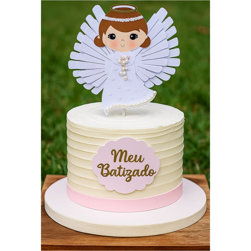 Topo/Topper de bolo personalizado Meu Batizado/Anjinha em papel off7 e lamicote dourado 180g