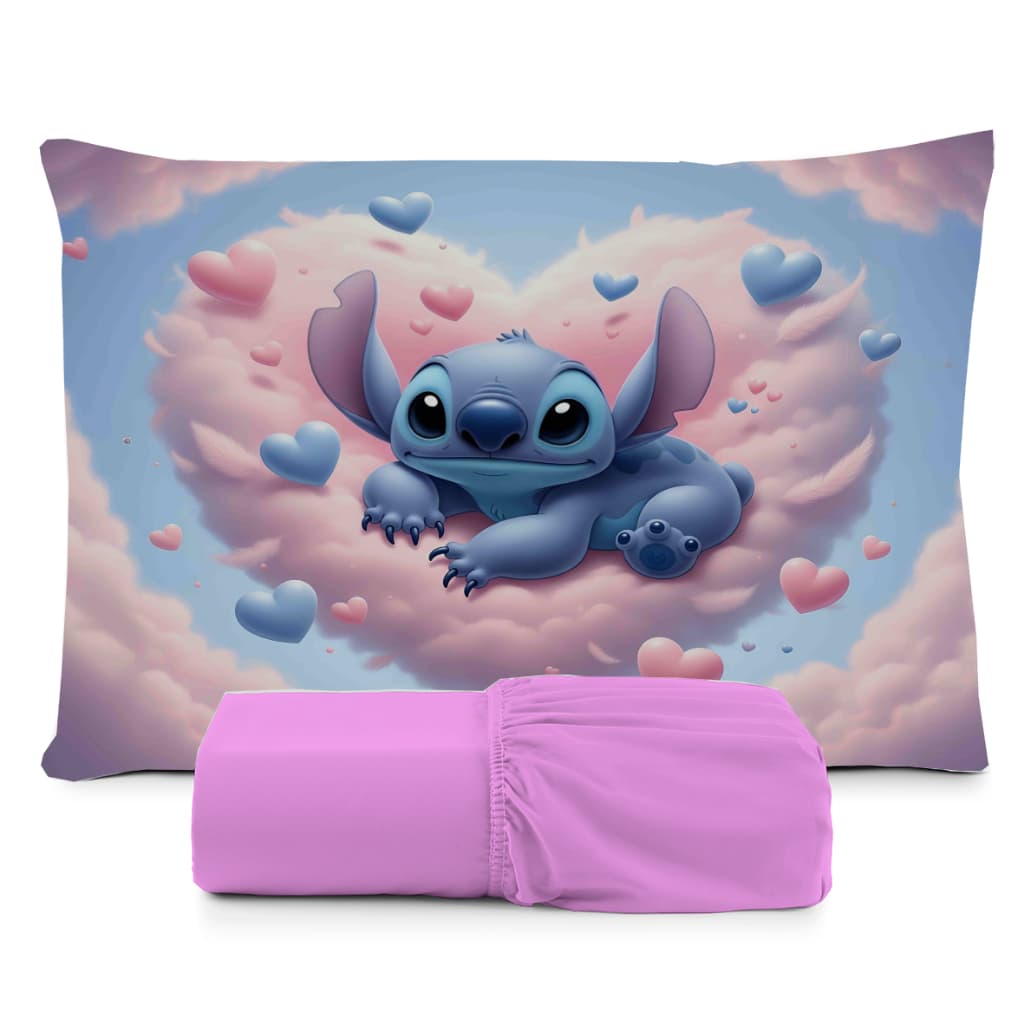 JOGO DE LENÇOL SOLTEIRO INFANTIL STITCH NUVEM CORAÇÃO  FRONHA TRAVESSEIRO, LENÇOL DE ELASTICO
