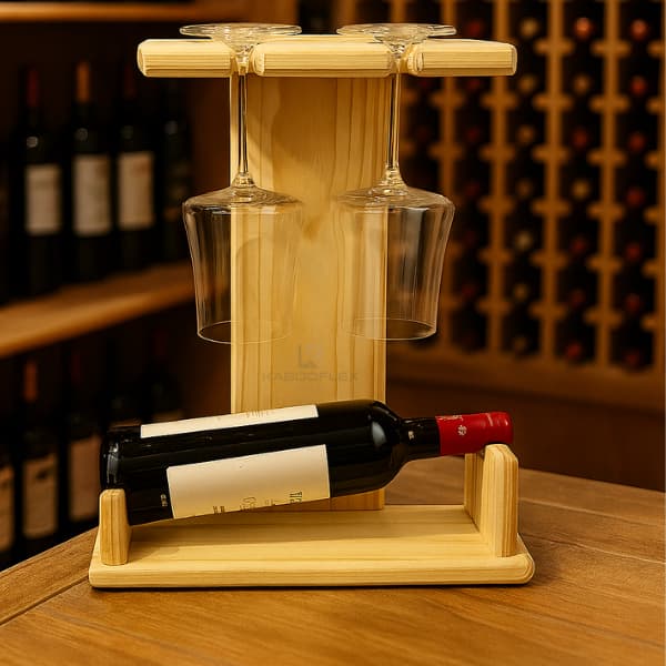 Suporte em Madeira Pinus para Vinho e Taças