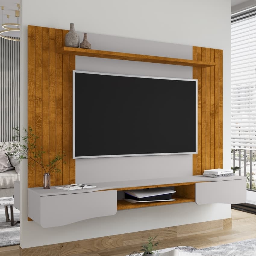 Painel Suspenso Búzios TV 65” Prateleira e Portas Soft Close