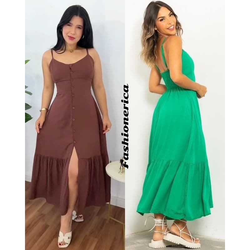 Vestido  Feminino  Longo Mídi Com  Botões  Na Frente  Alcinha Regulável Lastex Nas Contas Elegante