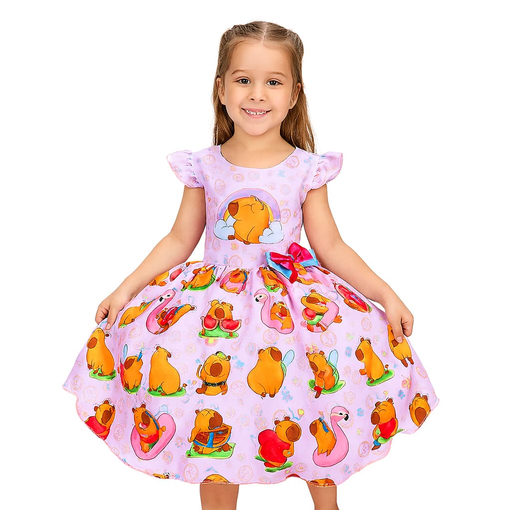 Vestido Capivaras Fofas Festa Arco-Íris Aniversário Meninas 4 a 12 anos com Laço de Cabelo