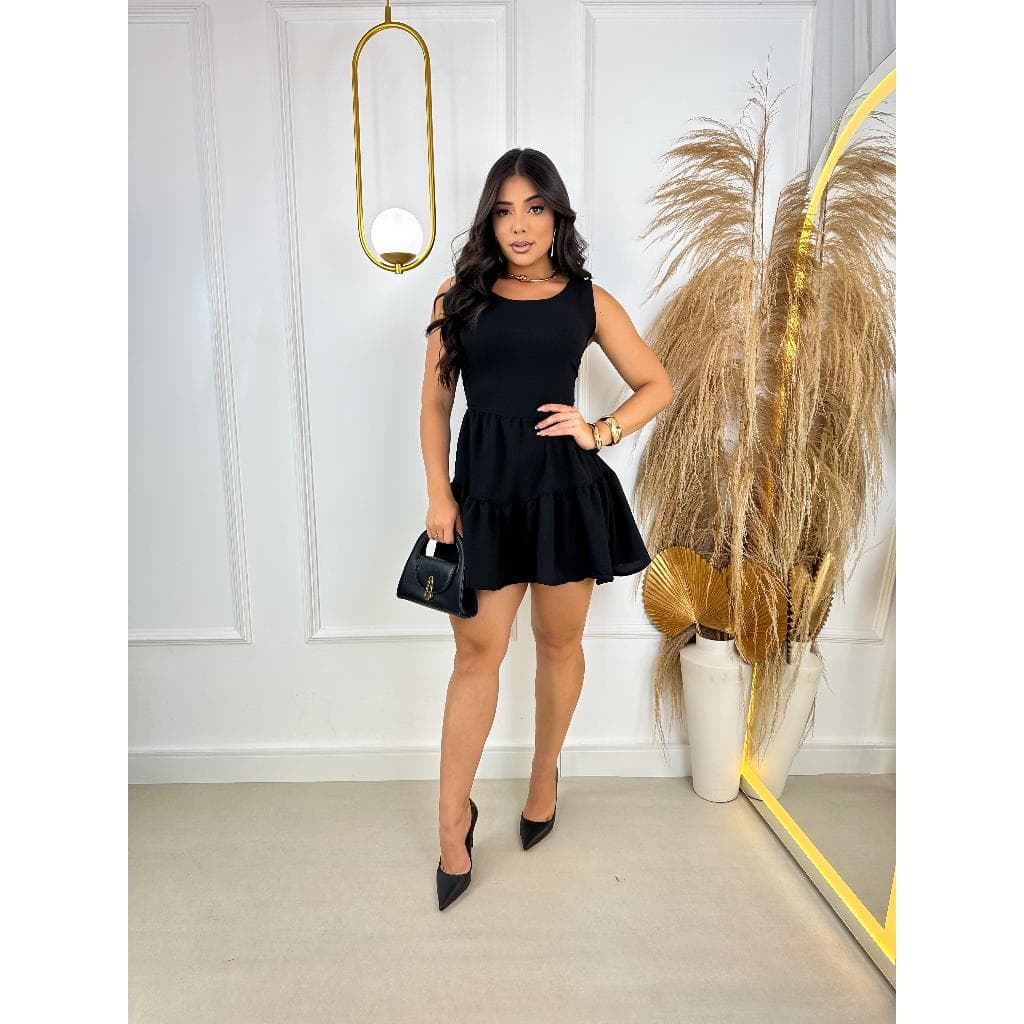 VESTIDO MACAQUINHO DRESS SHORT SAIA RODADO COM BABDO DE ALÇA LARGA PRETO PAGODE FERIAS COR LISA COM FORRO FEMININO