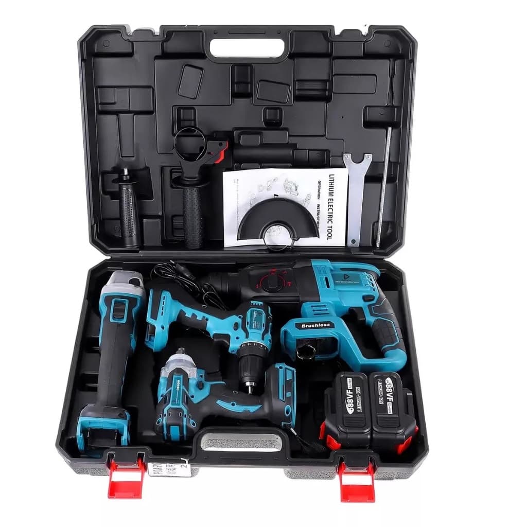 Kit Mala Ferramentas Elétricas Brushless 2 Baterias 21V Martelo Esmerilhadeira Furadeira Impacto