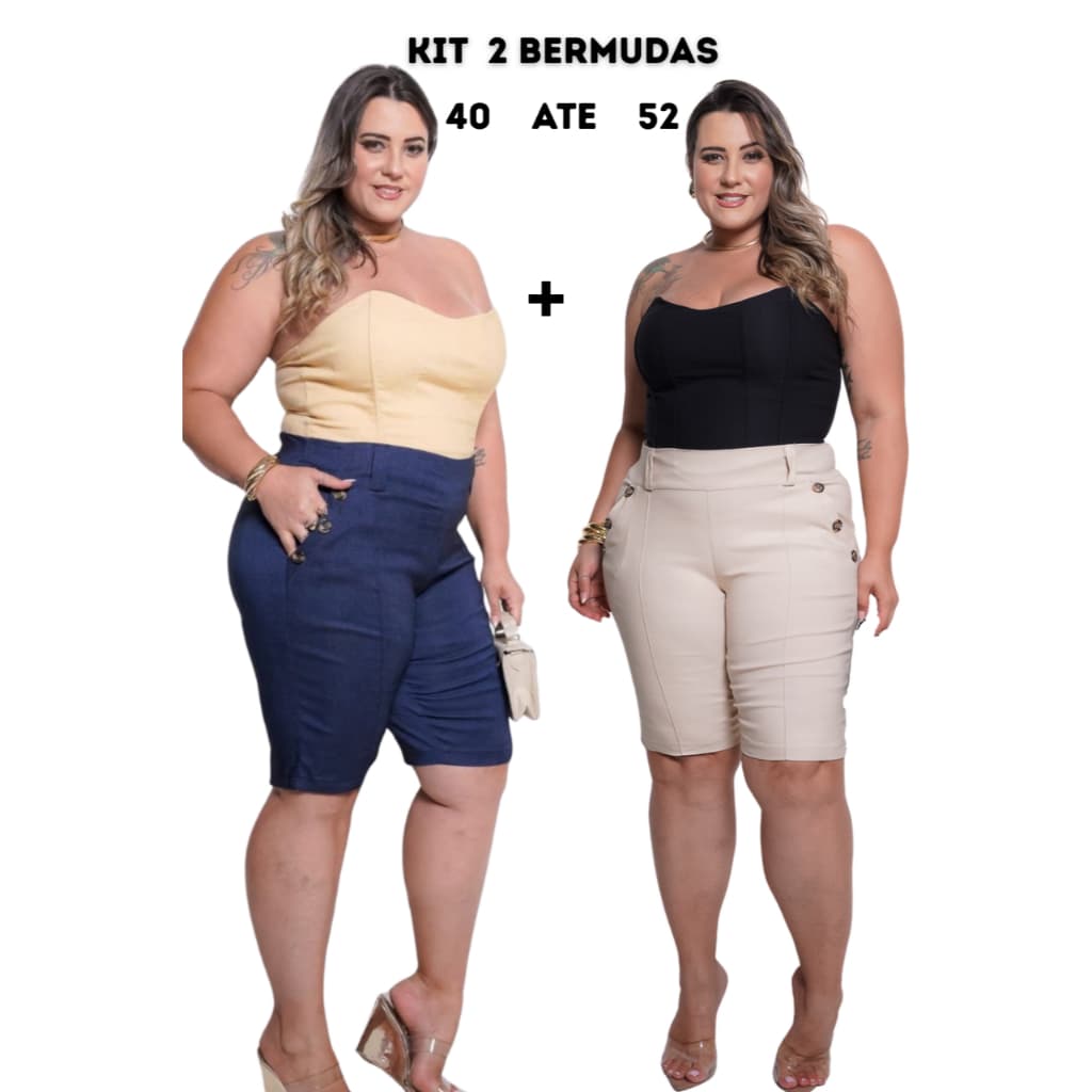 KIT de duas Bermudas femininas Plus Size com 6 botões - BENGALINE