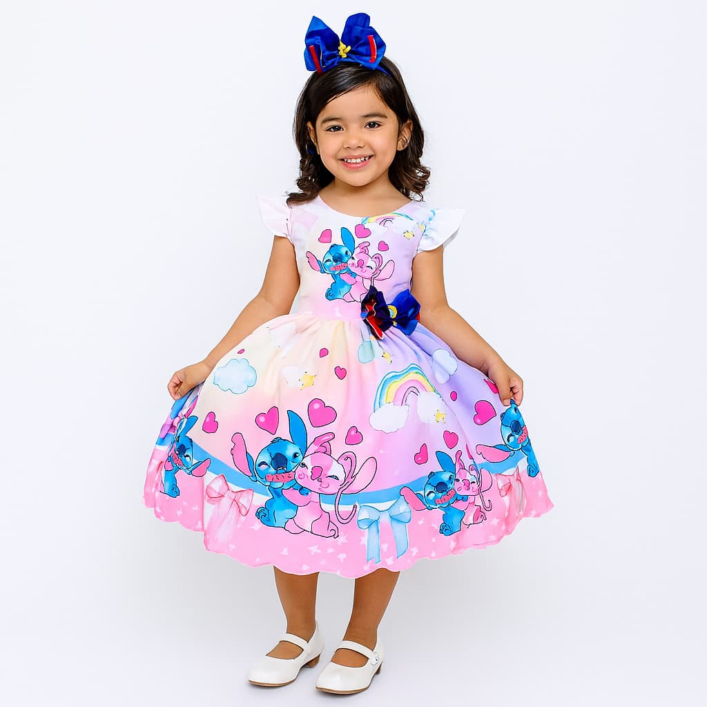 Vestido Stitch Infantil Festa Arco Iris Rosa Menina de 4 a 12 anos com Laço de Cabelo