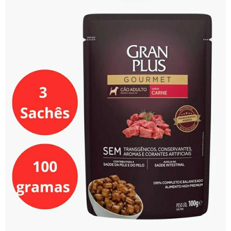 kit 3 sachês ração úmida para cães cachorros Gran Plus Gourmet sabor carne 100g