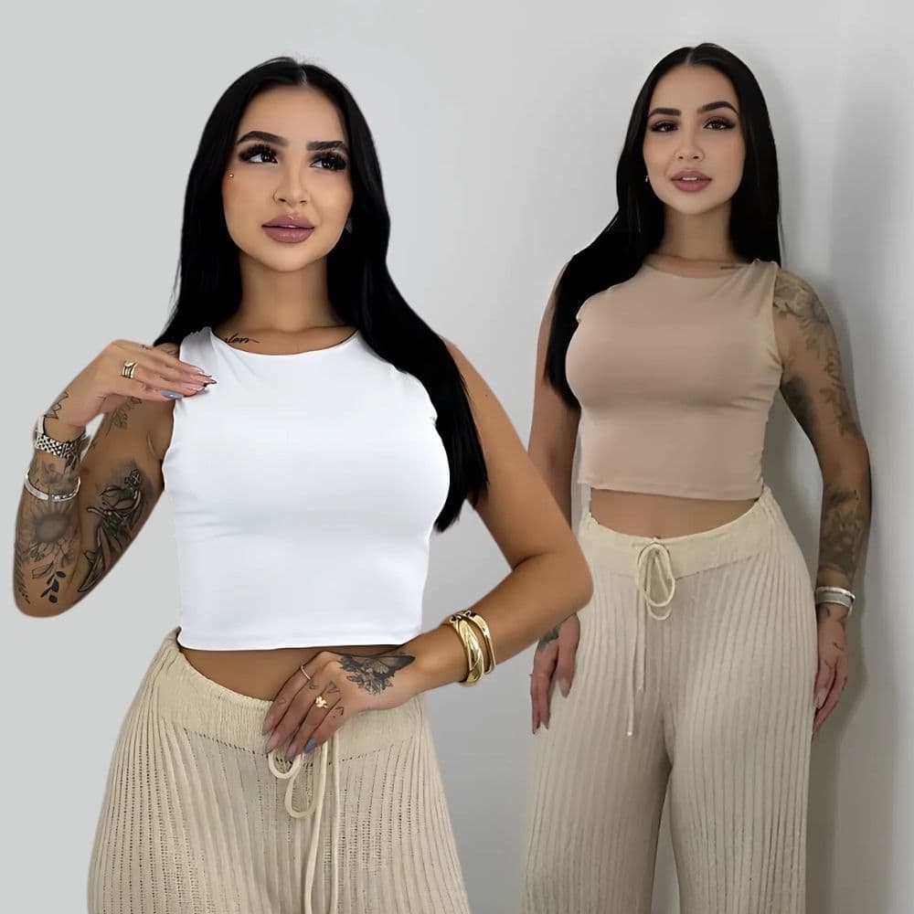 Kit 2 Cropped Feminino Liso Suplex Regata Básica Com Forro Duplo Cores Variadas