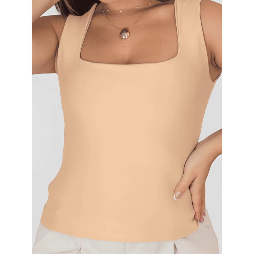 Regata Feminina Blusa Decote Quadrado Suplex Forro Duplo Básica Moda Blogueira Blusinha Alça Larga